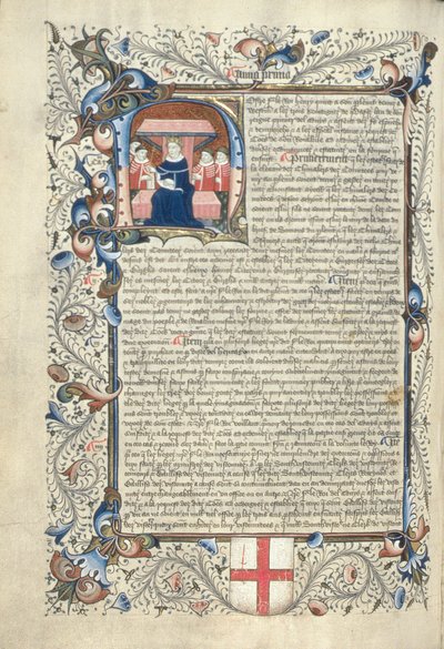 Enrique V (1387-1422) y algunos cortesanos dentro de la inicial H, de Cartae Antiquae, finales del siglo XV de English School